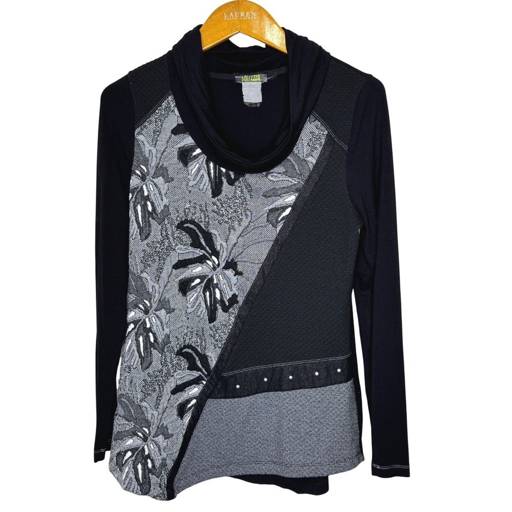 Dolcezza Black‎ Mixed Media Cowl Neck Tunic Top Small